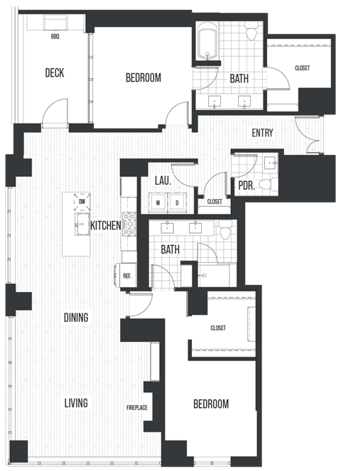 Penthouse 2807. A 2 bedroom, 2.5 bath penthouse floor plan at The Quincy in Downtown Denver.